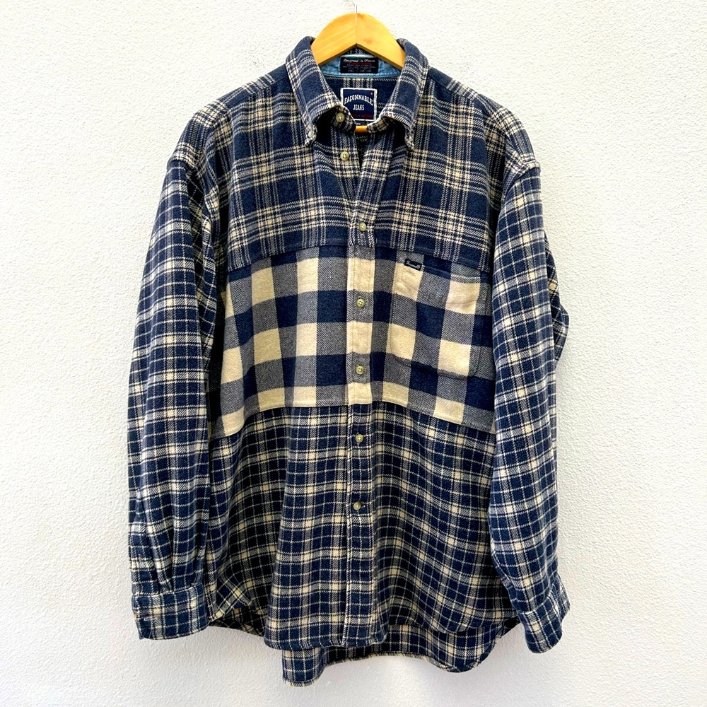 FACONNABLE wool blend navy cream plaid button down shirt